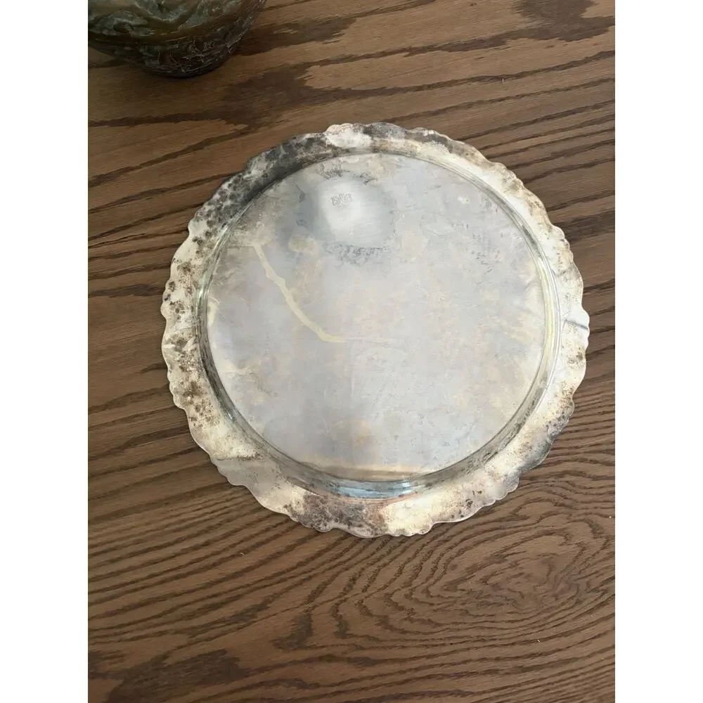 Vintage Oneida 12” Round Serving Tray Georgian Scroll Ornate Silver Tray